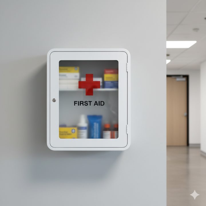 A wall-mounted first aid cabinet in an office hallway
